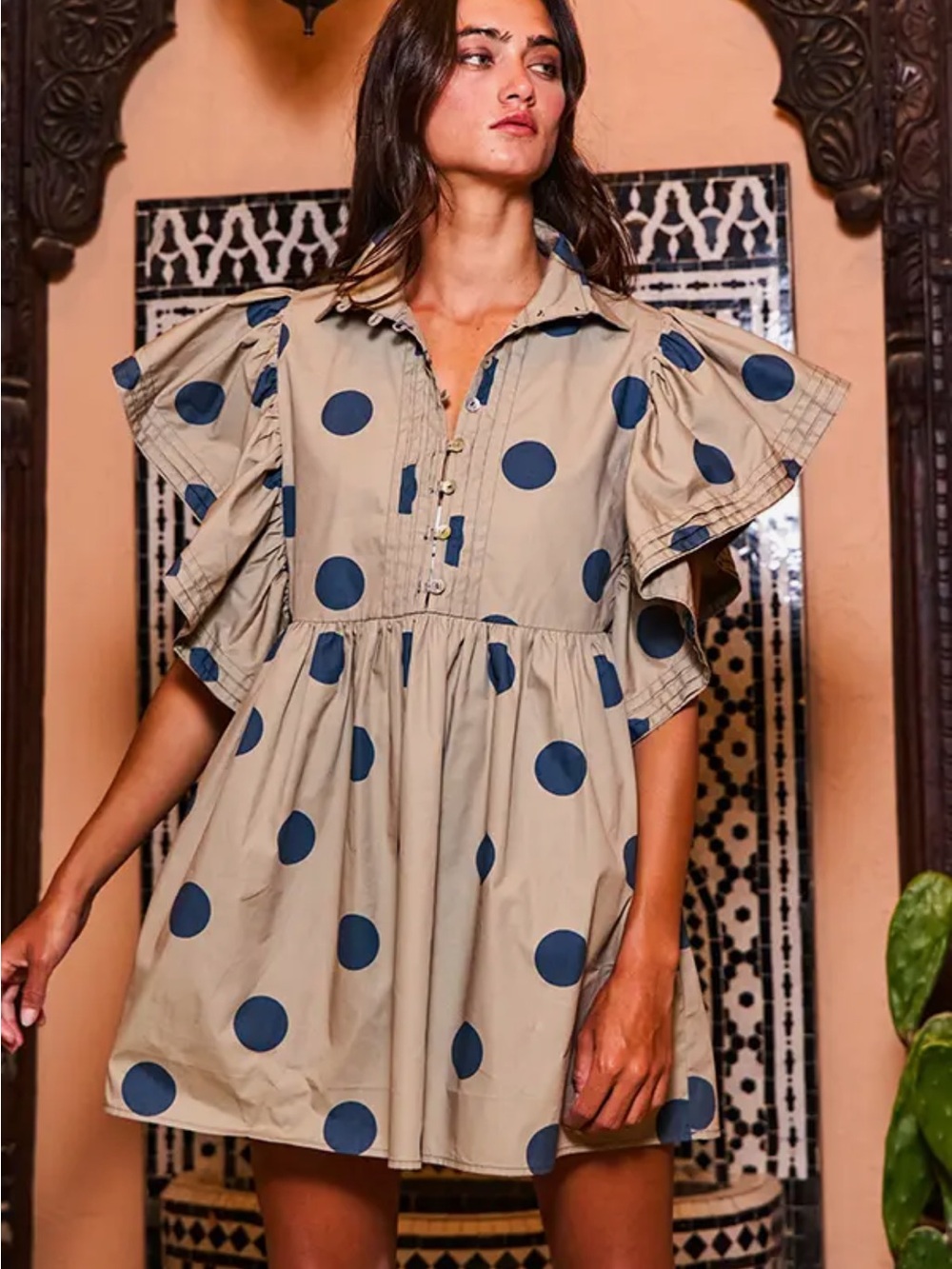BUCKETLIST Taupe Mini Dress with Navy Polka Dots - Picture 2 of 7